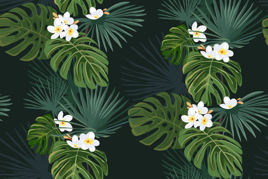 Seamless pattern with exotic tropical leaves and white flowers on black background. Vector background. Frangipani.