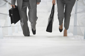 Lowsection of two businesspeople walking up stairs with bags in office - Powered by Adobe