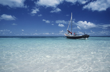 Fototapeta premium Boat moored in shallow water Far North Queensland Australia