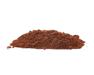 Ground milled coffee powder isolated over white background