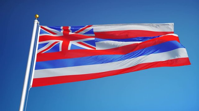 Hawaii (U.S. state) flag waving in slow motion against blue sky, seamlessly looped, close up, isolated on alpha channel with black and white matte, perfect for film, news, composition