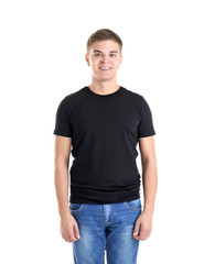 Handsome young man in blank black t-shirt on white background