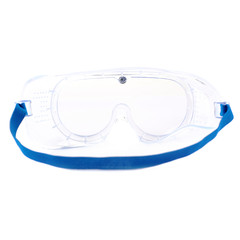 Plastic protective work glasses with ruber band isolated over white background.