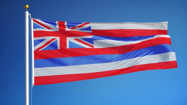 Hawaii (U.S. state) flag waving in slow motion against blue sky, seamlessly looped, close up, isolated on alpha channel with black and white matte, perfect for film, news, composition