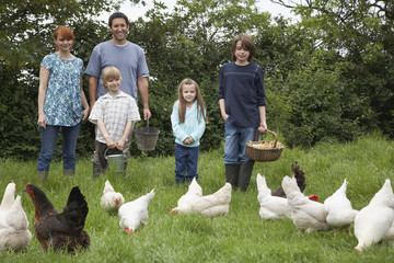 Parents with three children feeding hens on grassland
