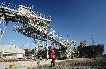 Woodchip being loaded on to bulk carrier ship for export