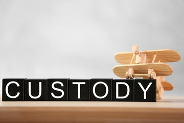 Word CUSTODY made of black blocks with wooden plane on blurred background, closeup