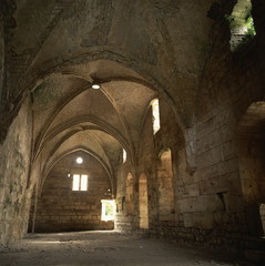 Vaulted corridor in Krak des Chevaliers, the Crusader castle, built between 1150 and 1250 by the Knights Hospitaller, near Tartus, Syria