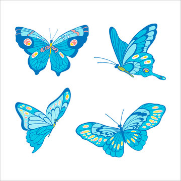 Hand-drawn blue butterfles on white background