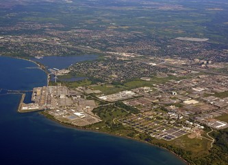 aerial view of the Nuclear Power plant on the shores of Lake Ontario in Pickering, Ontario Canada
