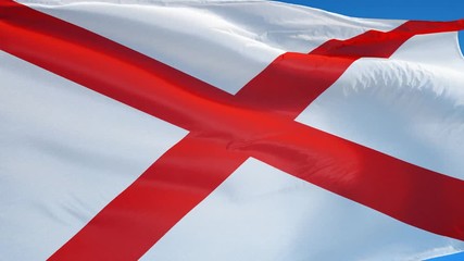 Alabama (U.S. state) flag waving in slow motion against blue sky, seamlessly looped, close up, isolated on alpha channel with black and white matte, perfect for film, news, composition