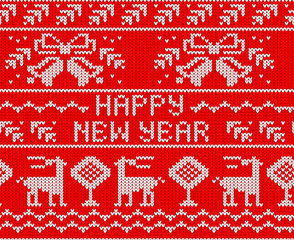 Fototapeta na wymiar Red Happy New Year Jumper seamless knitted Pattern with deers. Vector illustration.