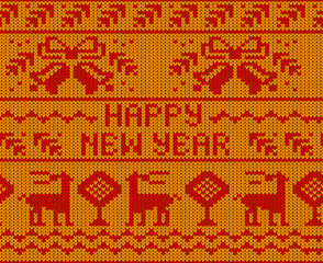 Fototapeta na wymiar Yellow Happy New Year Jumper seamless knitted Pattern with deers. Vector illustration.