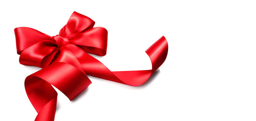 Red satin gift bow. Ribbon isolated on white background