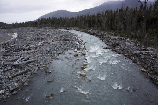 River in the Andes, destruction caused by earthquake, Patagonia, Chile