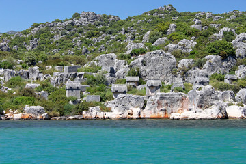 Stone sarcophaguses in Kekova, Turkey