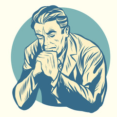 Retro man praying, religion and meditation