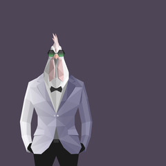 Stylish cock in silvery jacket .Purrple background.