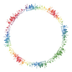 Round gradient frame with winter village silhouette