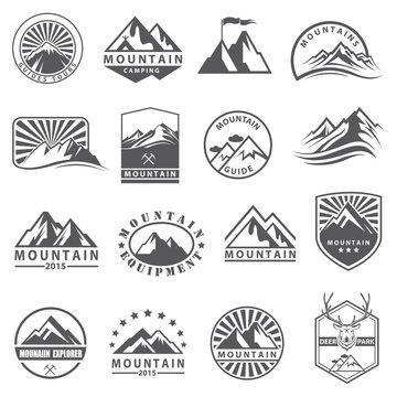 monochrome collection of various mountain icons 