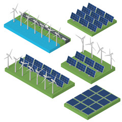 Wind turbine power. Isometric clean energy concept. Wind power. Blue Solar panels. Flat isometric. Modern alternative energy. Set of Ecological energy.