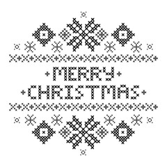 Merry Christmas Postcard . Cross-stitch. Traditional embroidery ornament. Black snowflakes. Happy New year 2017. Vector illustration.