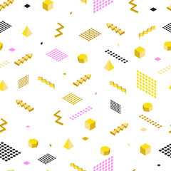 Abstract seamless pattern. Geometric isometry. Simple shapes. Yellow colors. Trendy ornament. Dot decoration. Vector illustration