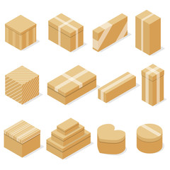 Set of cardboard boxes. Flat isometric. A container for goods. Packaging, storage and transportation. Delivery in the package. Vector illustration.