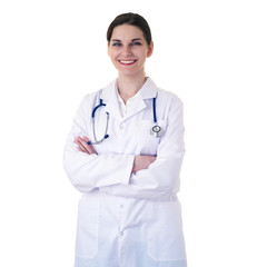 Female doctor assistant scientist in white coat over  isolated background