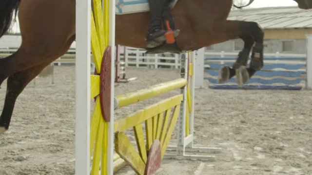 SLOW MOTION: Sport horse show jumping over the high fence in riding manege