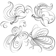 Fototapeta premium Illustration - four different butterflies without a fill color on white background