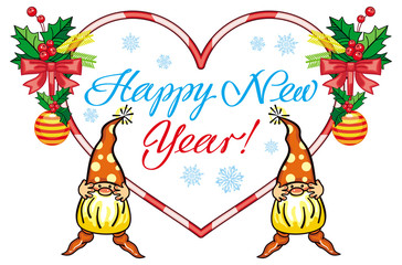 Holiday heart-shaped label with Christmas decorations, funny gnome and greeting 