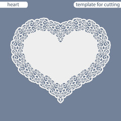Greeting card with openwork border, paper doily under the cake, template for cutting in the form of heart, valentine card,  wedding invitation, decorative plate is laser cut,  vector illustrations. - obrazy, fototapety, plakaty