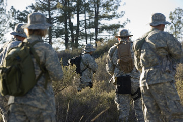 Fototapeta premium Rear view of US army soldiers during training in forest