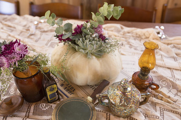 Fall Wedding Centerpieces with Pumpkins and Vintage Pieces