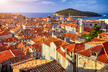 Panorama Dubrovnik Old Town roofs at sunset. Europe, Croatia - obrazy, fototapety, plakaty