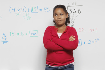 Pensive girl standing with hands folded against white board