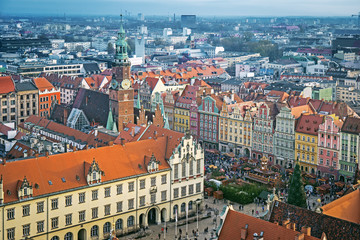Naklejka na ściany i meble Aerial view of Market Square with Christmas Fair on it and Town Hall in Wroclaw, Poland