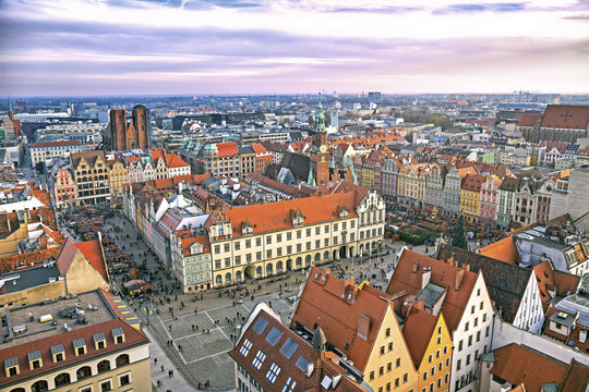 Aerial view of Market Square with Christmas Fair on it and Town Hall in Wroclaw, Poland