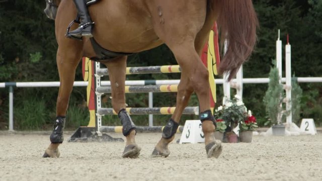 SLOW MOTION: Equestrian sport showjumping competition in outdoors sandy arena