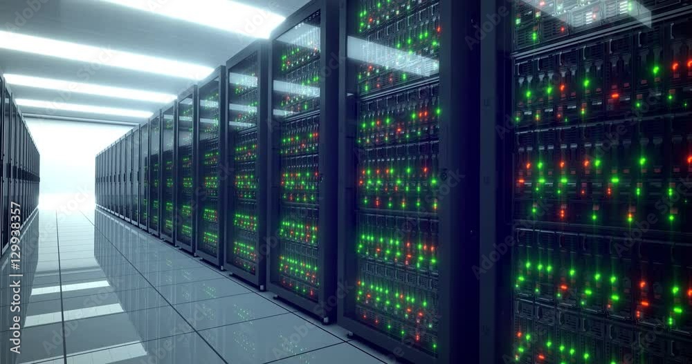 Poster 8k 4k data center cloud servers and storage. web server. racks and lights.