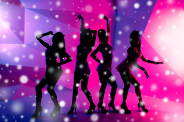 Silhouettes of four sexy posturing girls on the background of sn