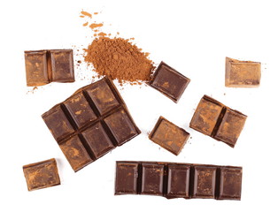chocolate bars with cocoa powder isolated on white background