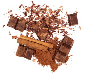 chocolate bars with cinnamon sticks and pile cocoa powder isolated on white  