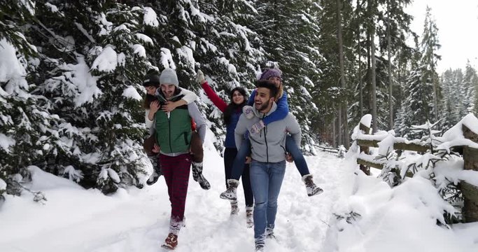 Group Of People Winter Snow Forest Walk Happy Friends Having Fun In Snowy Park Slow Motion 60