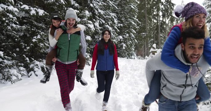 Group Of People Winter Snow Forest Walk Happy Friends Having Fun In Snowy Park Slow Motion 60