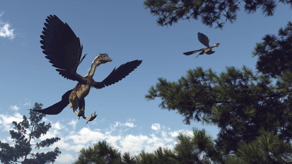 Archaeopteryx birds dinosaurs flying - 3D render