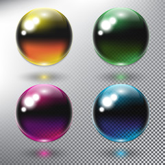 Set of 4 realistic glass spheres. Orange, green, blue and violet spheres, isolated with transparent glass shine and shadow on the white background. Vector illustration. Eps10.