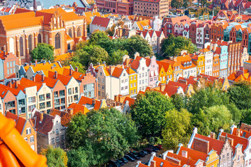 Aerial cityscape view on the old town with beautiful coorful buildings in Gdansk, Poland