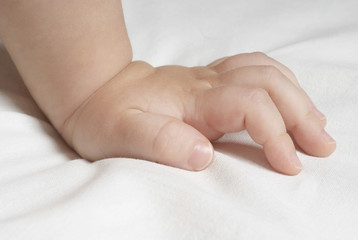 Closeup of baby's hand on bed